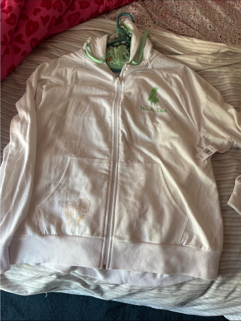 Disney Parks WONDERLAND White Zip-Up Hoodie with Green Logo Accents